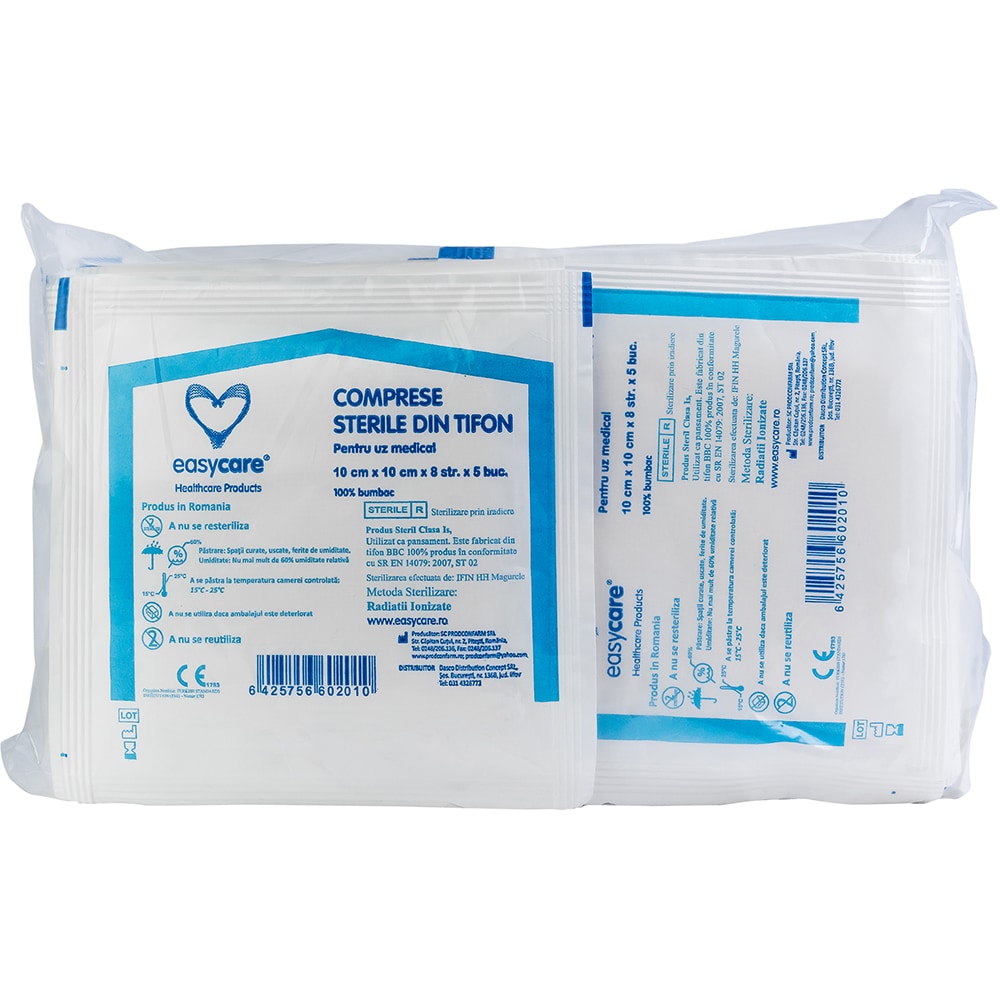 Comprese sterile EASYCARE tifon, pliate, 10x10cm, 25buc