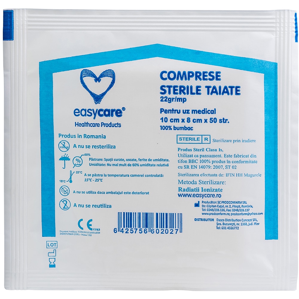 Comprese tifon sterile EASYCARE bumbac, 10x8cm, 25buc