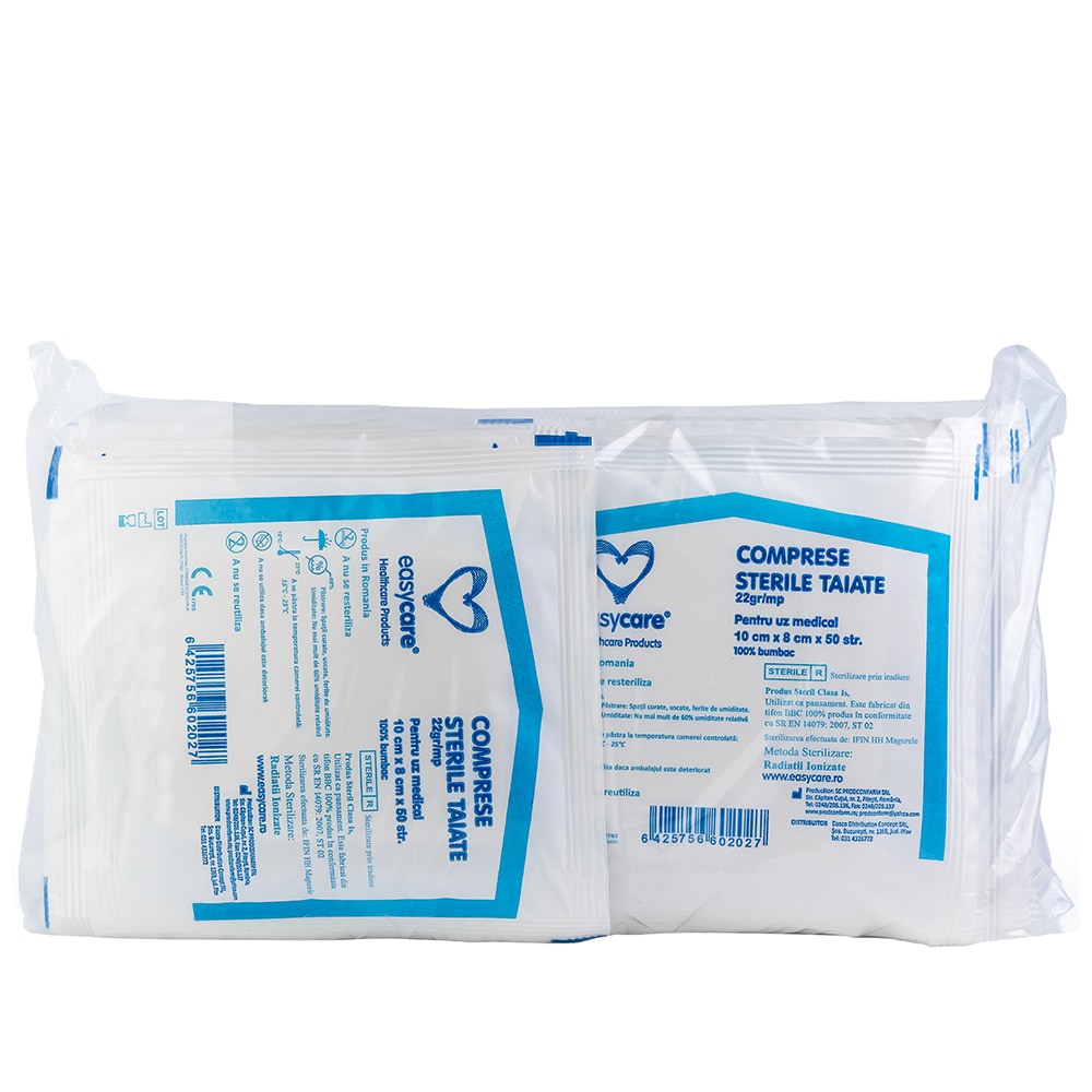 Comprese tifon sterile EASYCARE bumbac, 10x8cm, 25buc