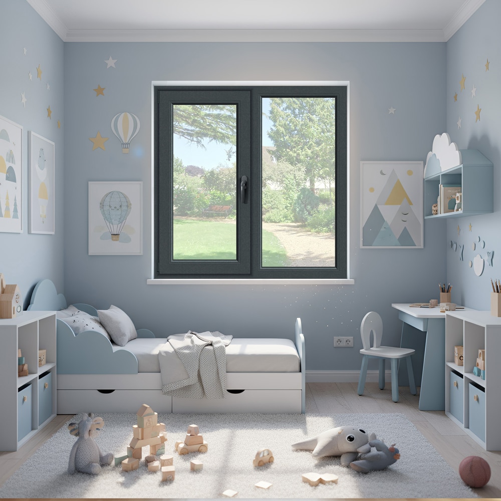 Fereastra termopan APLAST, PVC, 5 camere, 116 x 116 cm, deschidere fixa + batanta stanga, gri antracit