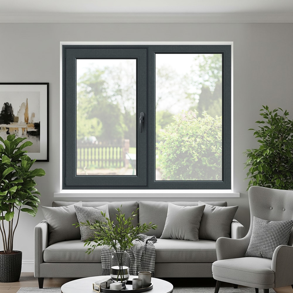 Fereastra termopan APLAST, PVC, 5 camere, 146 x 116 cm, deschidere fixa + batanta stanga, gri antracit