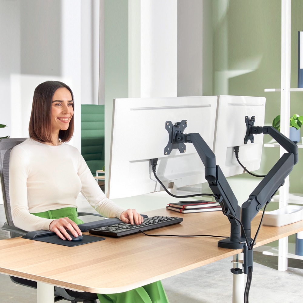 Suport monitor birou LEITZ Ergo Space Saving Dual, Reglabil, 17-32", 9Kg