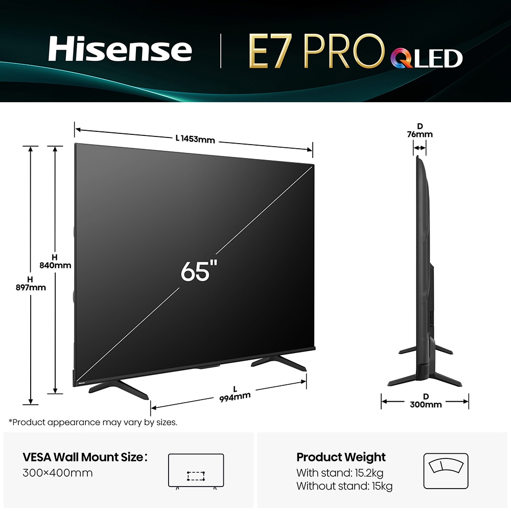 Televizor QLED Smart HISENSE 65E7Q PRO, Ultra HD 4k, 164cm