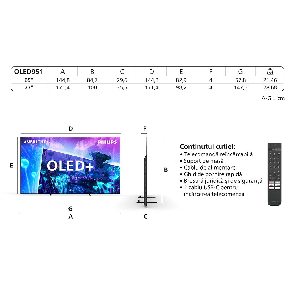 Televizor OLED+ Smart PHILIPS 65OLED951, Ultra HD 4K, HDR10+, 164cm
