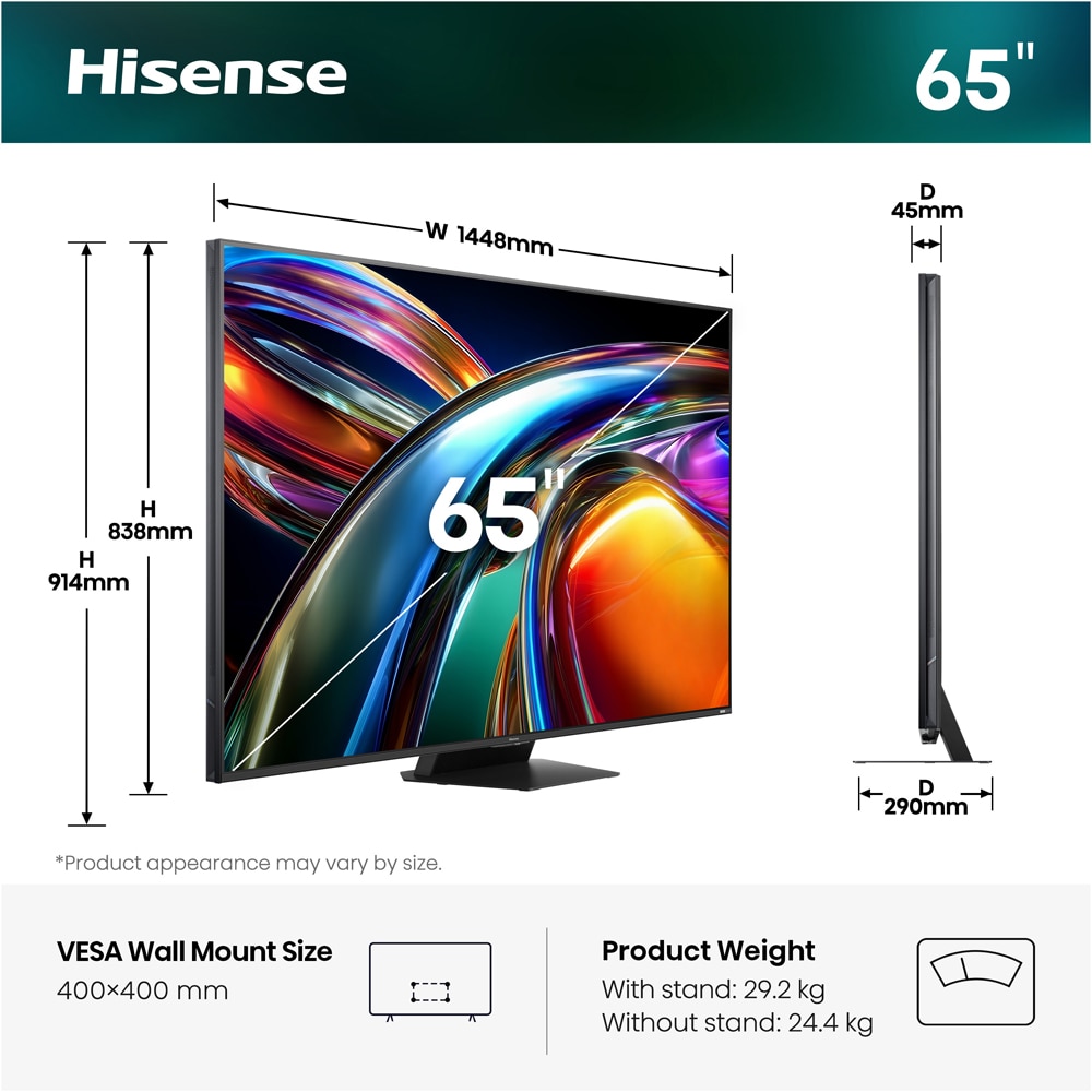 Televizor RGB Mini-LED ULED Smart HISENSE 65UR9S, Ultra HD 4K, HDR, 164cm