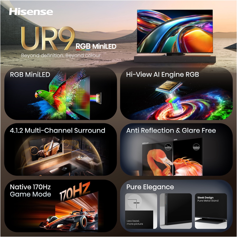 Televizor RGB Mini-LED ULED Smart HISENSE 65UR9S, Ultra HD 4K, HDR, 164cm