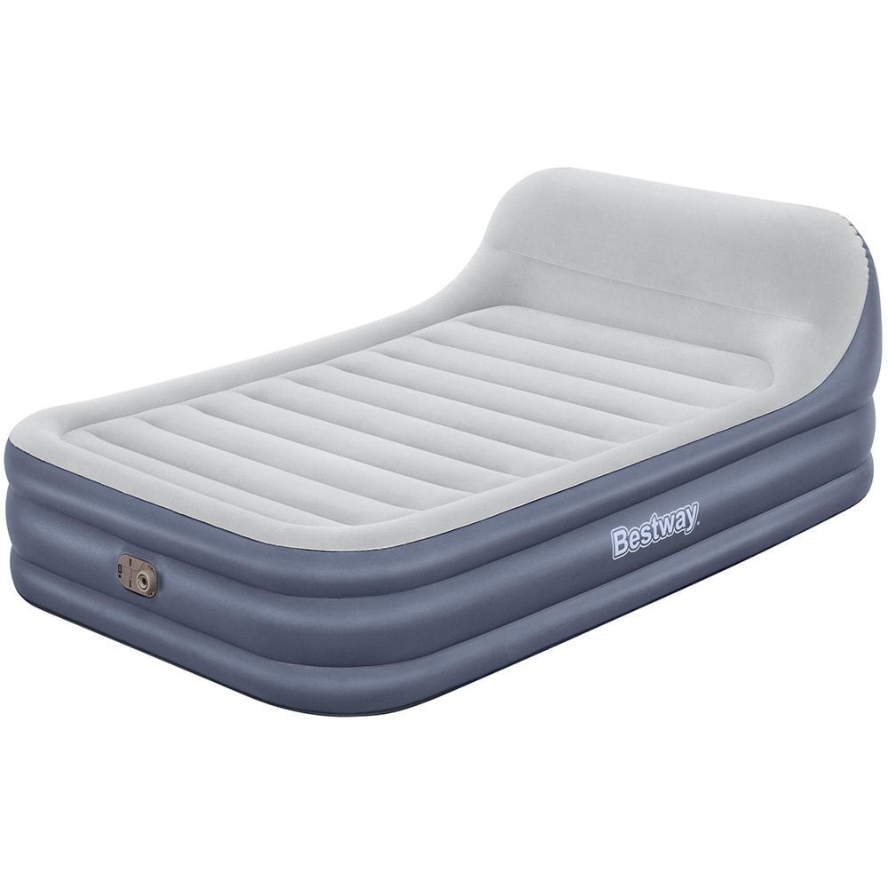 Pat dublu gonflabil BESTWAY TriTech SleekFlo, 226 x 152 x 84 cm, cu pompa electrica integrata, sarcina maxima 300 kg, gri/albastru