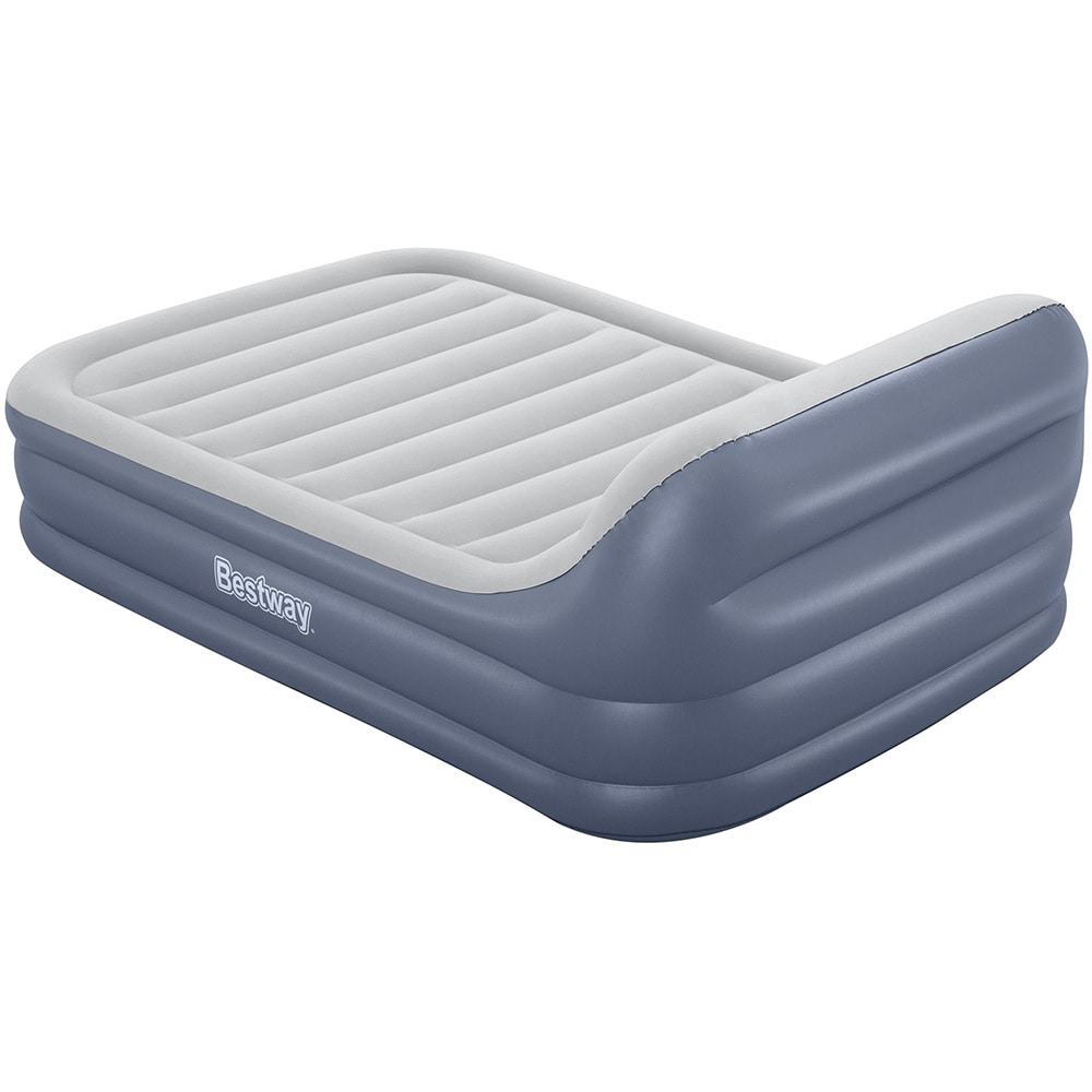Pat dublu gonflabil BESTWAY TriTech SleekFlo, 226 x 152 x 84 cm, cu pompa electrica integrata, sarcina maxima 300 kg, gri/albastru