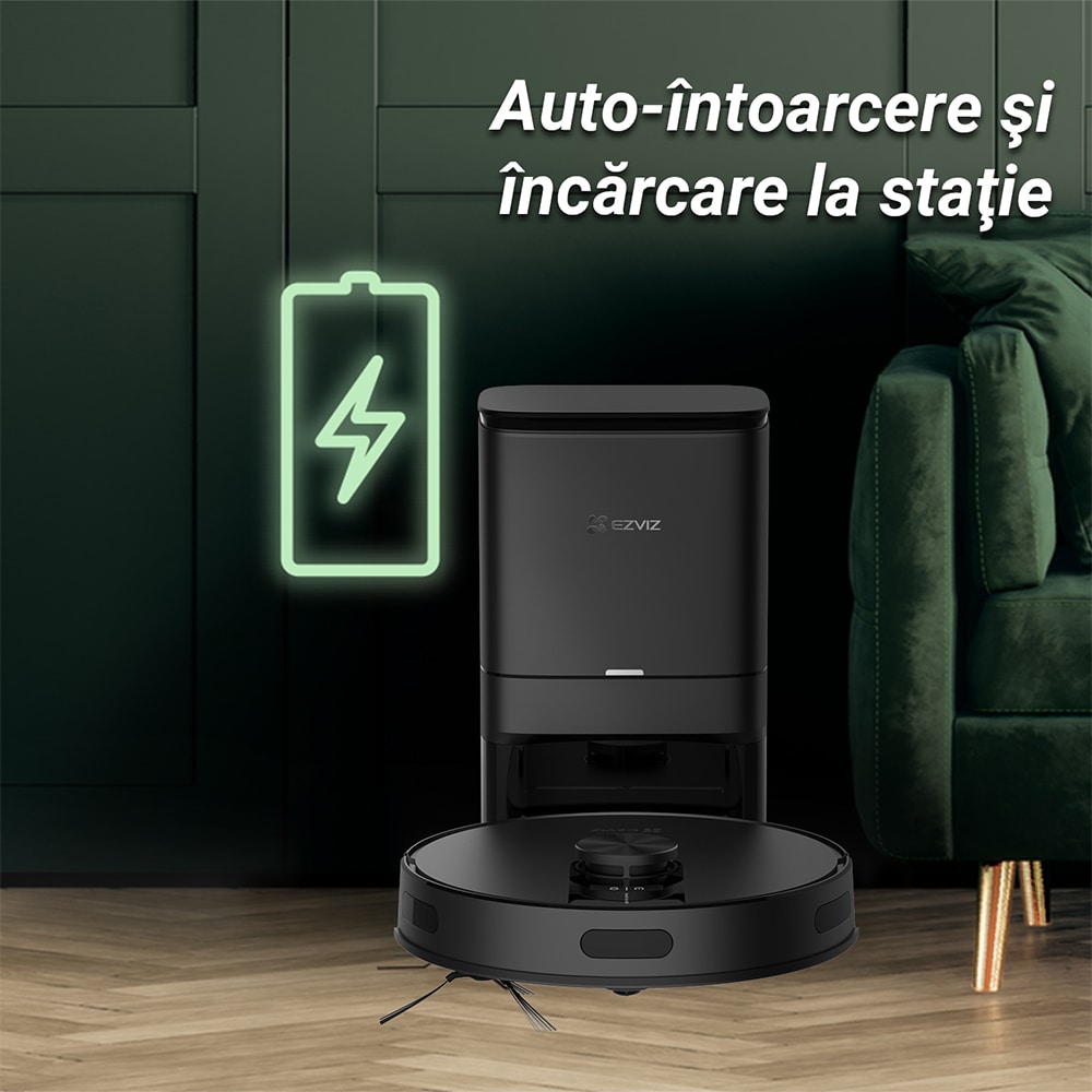 Aspirator robot EZVIZ RE4 Plus, 0.35l, 24.1V, autonomie max 240 min, Wi-Fi, functie mop, negru