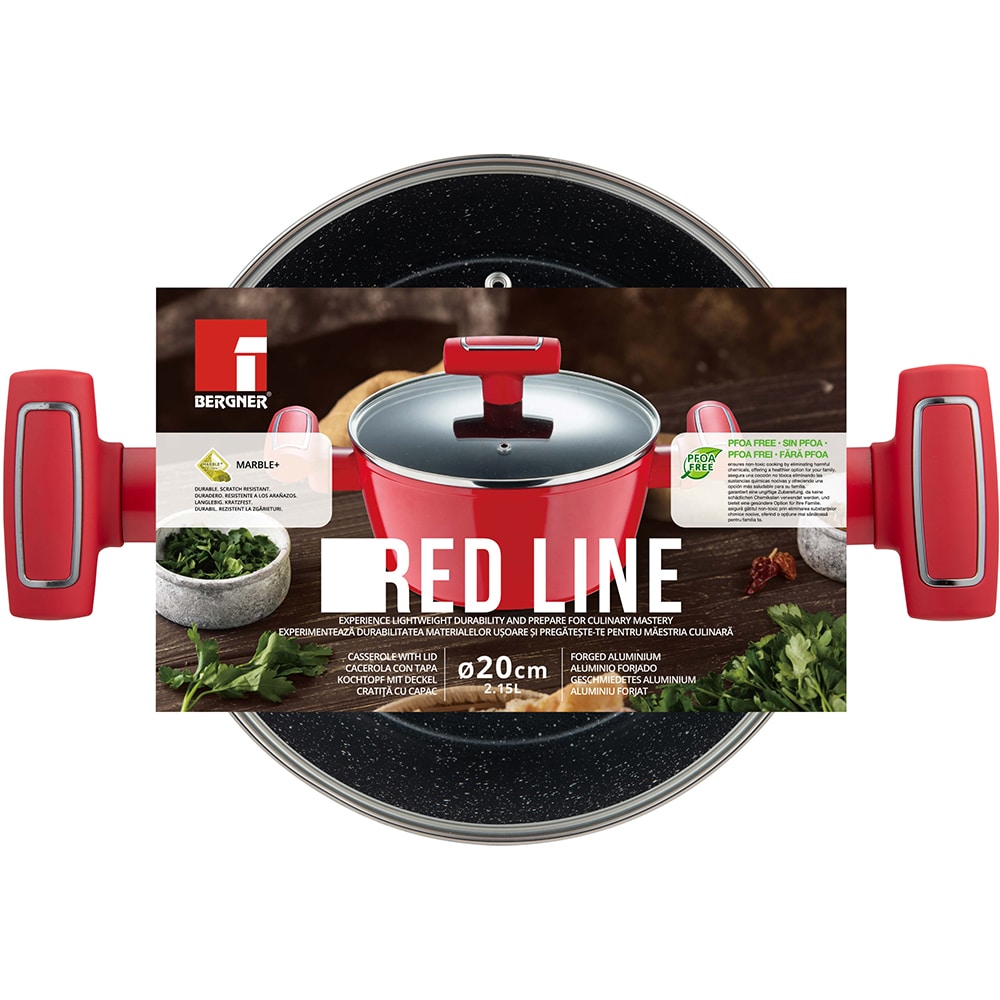 Cratita cu capac BERGNER Red Line BG-35389-RD, 2.15l, 20cm, aluminiu forjat, rosu