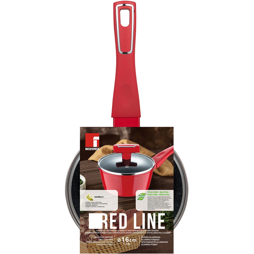 Cratita cu capac BERGNER Red Line BG-35388-RD, 1.18l, 16cm, aluminiu forjat, rosu