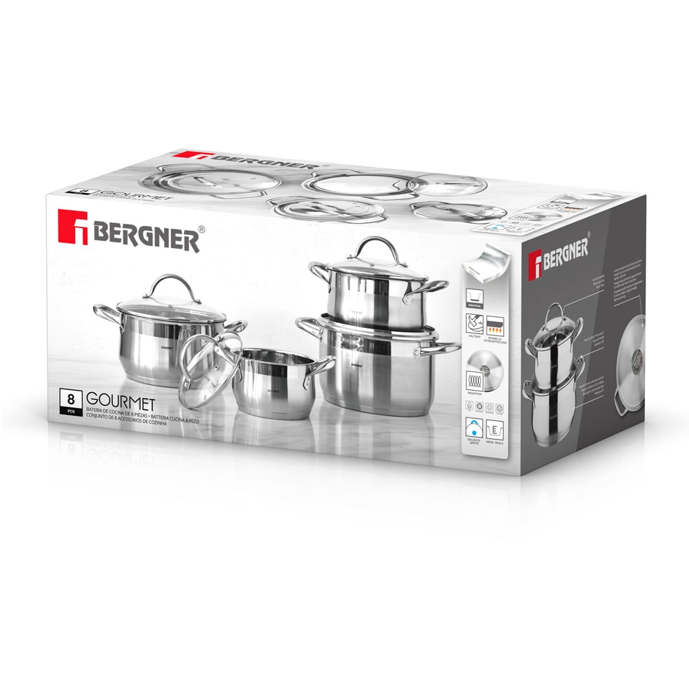 Set vase gatit BERGNER Gourmet BG-6523, 8 piese, 16-24cm, 1.7-5.6l, inox, argintiu