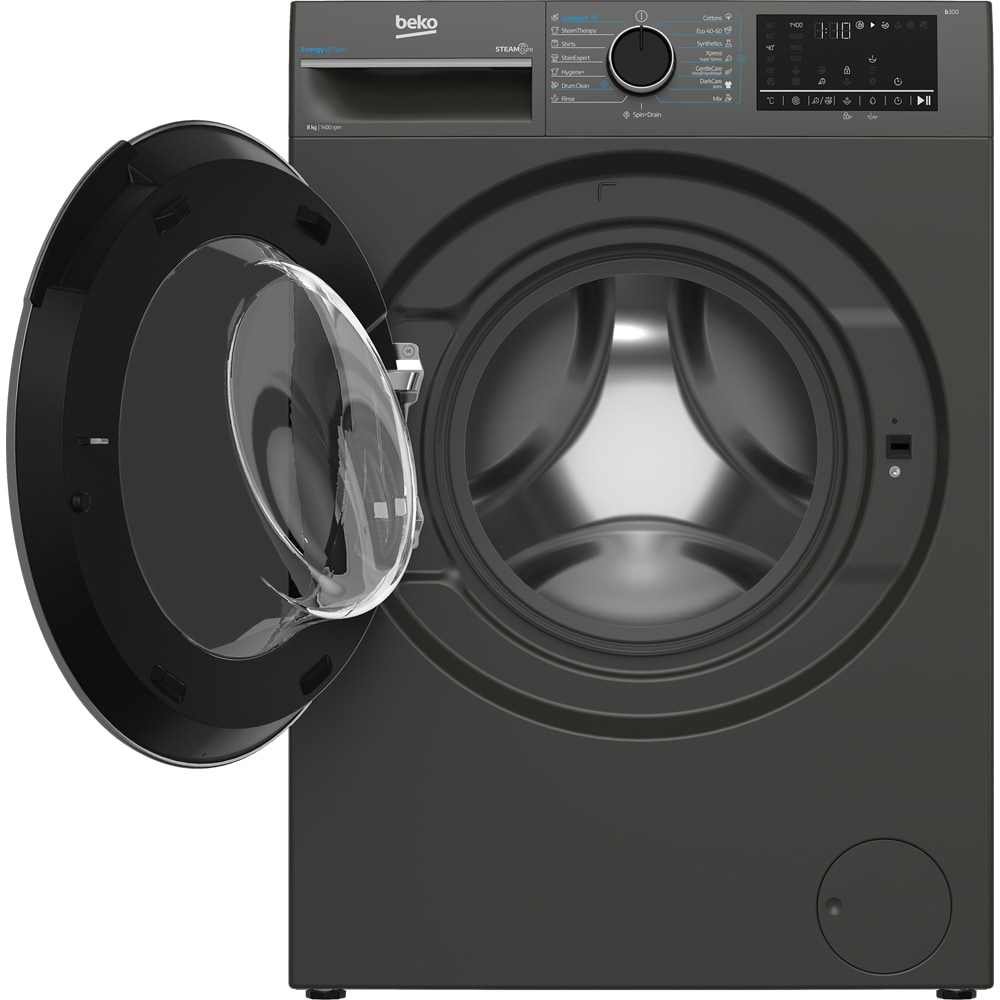 Masina de spalat rufe frontala BEKO B3WFU48415MB2ES, EnergySpin, SteamCure, 8 kg, 1400rpm, Clasa A, gri inchis