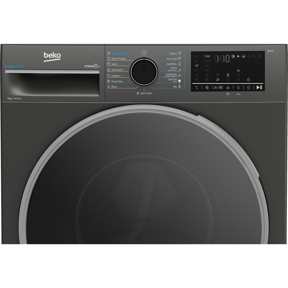 Masina de spalat rufe frontala BEKO B3WFU48415MB2ES, EnergySpin, SteamCure, 8 kg, 1400rpm, Clasa A, gri inchis