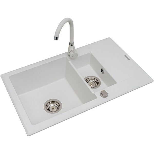 Chiuveta bucatarie PYRAMIS Premium Extra, 1 1/2 cuve, picurator reversibil, compozit granit, alb