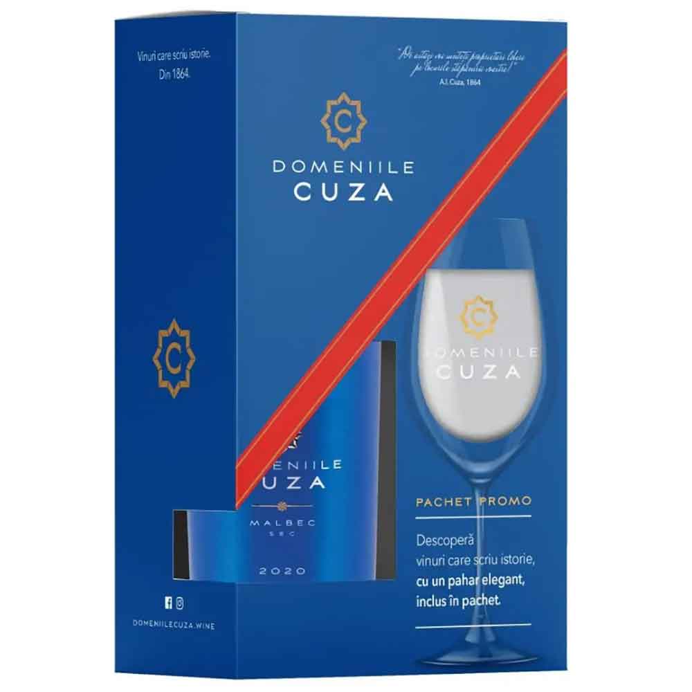 Set Vin rosu sec Domeniile Cuza Malbec, 0.75L + pahar