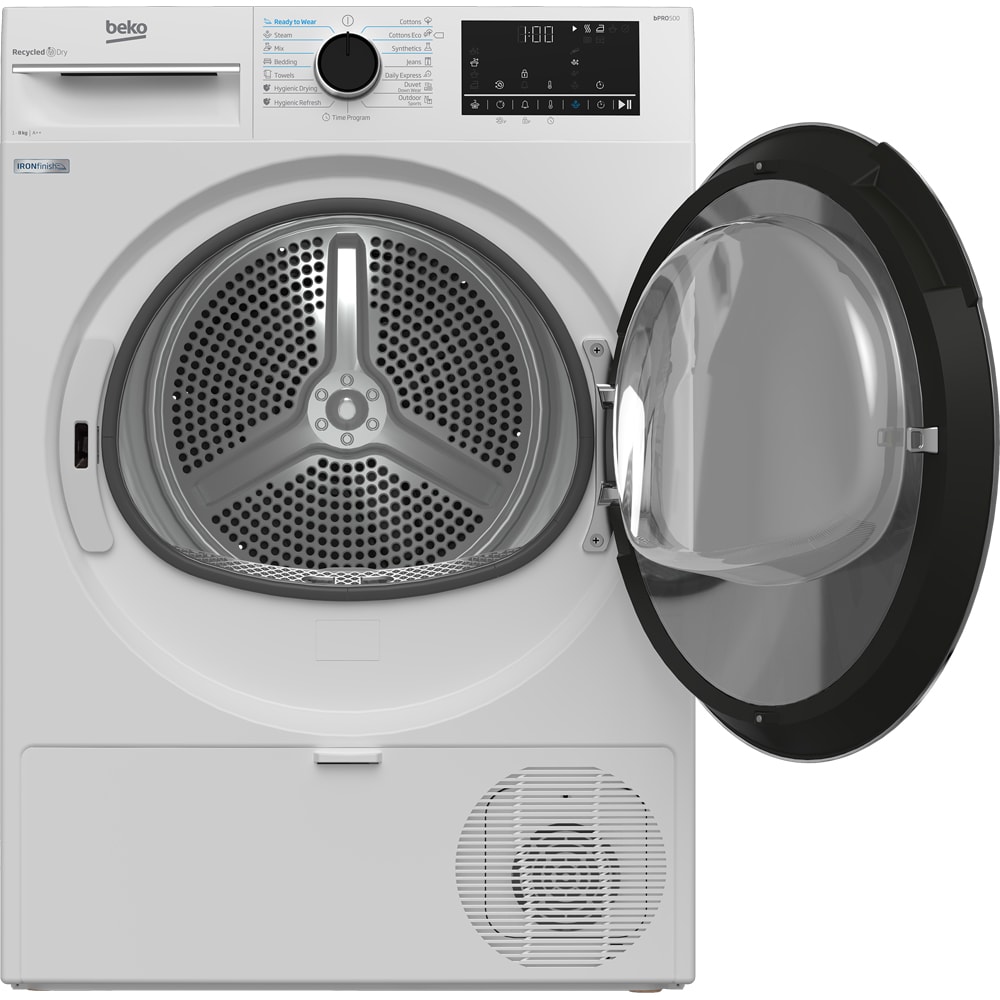 Uscator de rufe BEKO B5T68233, Pompa de caldura, 8kg, 15 programe, Clasa E, alb