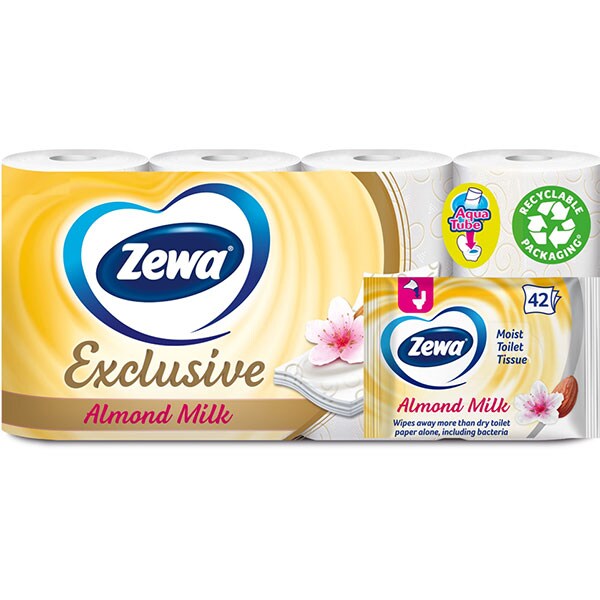 Pachet hartie igienica ZEWA Exclusive Almond Milk, 4 straturi, 8 role + hartie igienica umeda ZEWA Almond, 42 bucati