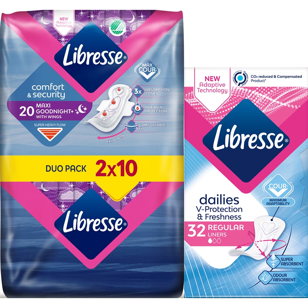 Pachet absorbante LIBRESSE: Maxi Goodnight Duo, 20buc + Protej-slip Dailies Normal, 32buc