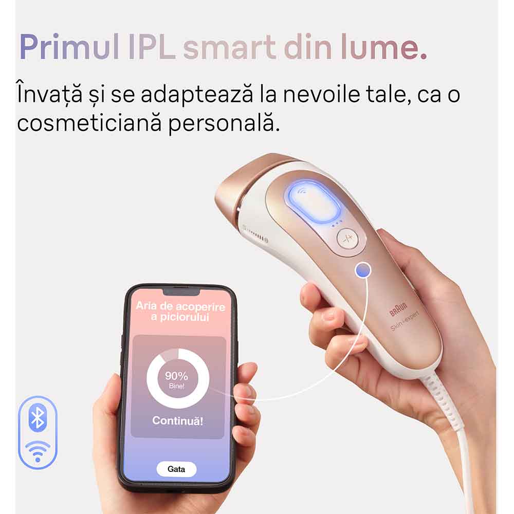 Epilator IPL BRAUN Skin i-Expert Pro 7 PL7147, 400000 impulsuri, 10 viteze, 3 accesorii, SkinPro 2.0, reatea, alb-bronz