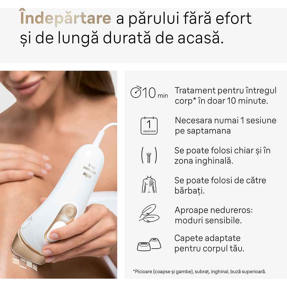 Epilator IPL BRAUN Silk-expert Pro 5 PL5152, 400000 impulsuri, 10 viteze, 3 accesorii, SkinPro 2.0, reatea, alb-auriu