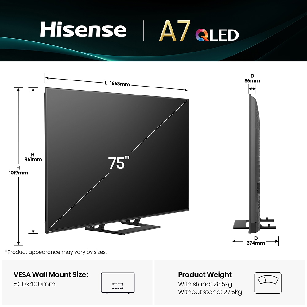 Televizor QLED Smart HISENSE 75A7Q, Ultra HD 4k, 189cm
