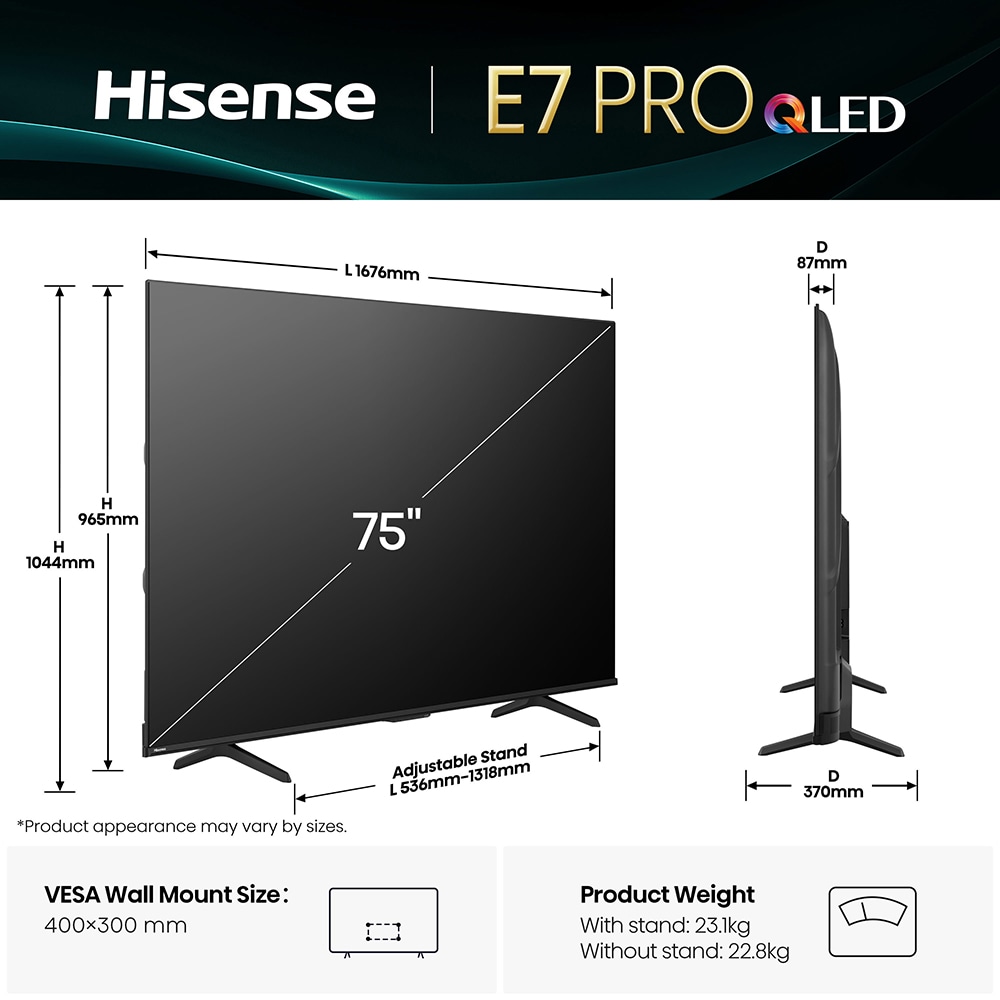 Televizor QLED Smart HISENSE 75E7Q PRO, Ultra HD 4k, 189cm