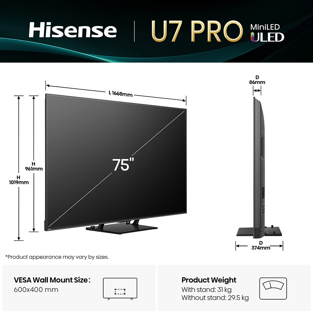 Televizor Mini-LED ULED Smart HISENSE 75U7Q PRO, Ultra HD 4K,189cm