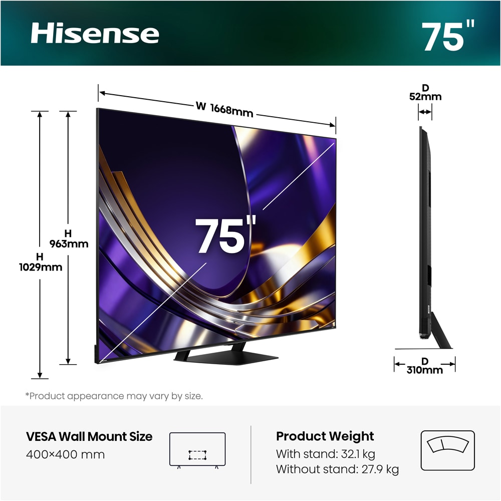 Televizor Mini-LED ULED Smart HISENSE 75U7S PRO, Ultra HD 4K, HDR, 189cm