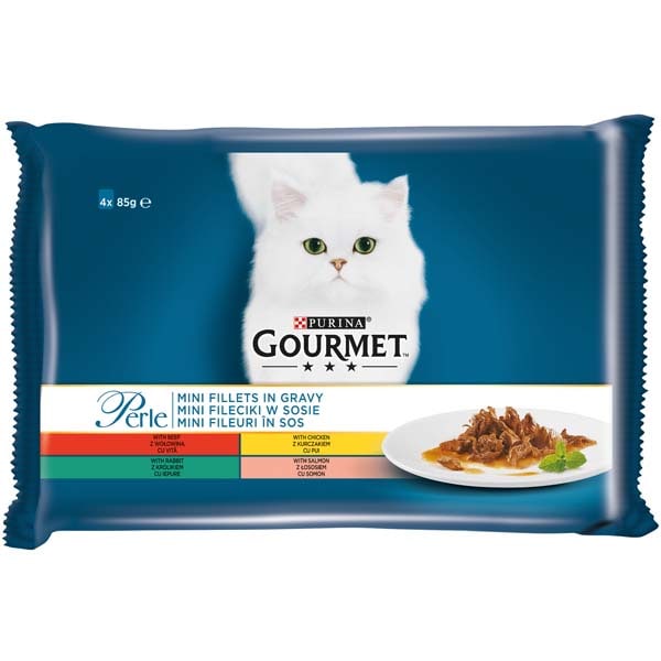 Hrana umeda pentru pisici GOURMET PERLE, Vita si pui, Iepure si somon, 4 x 85 g