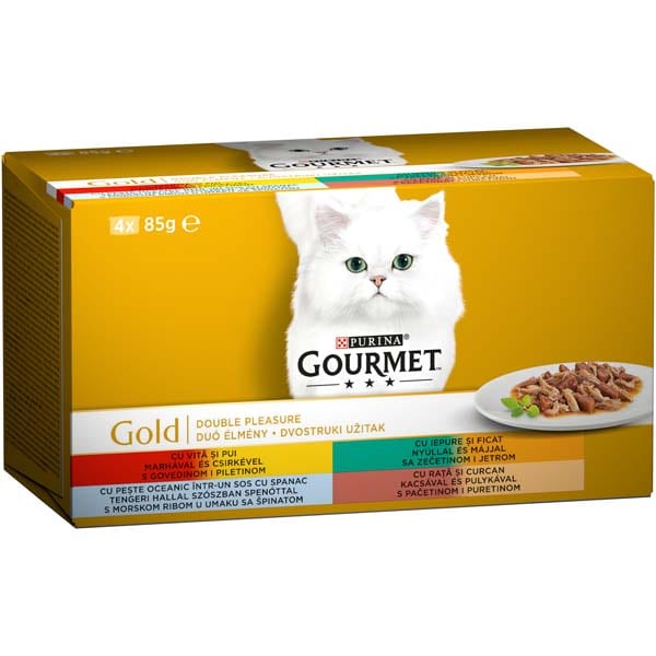 Hrana umeda pentru pisici GOURMET GOLD Double Pleasure, Vita si pui, Rata si curcan, Peste si iepure, 4 x 85 g