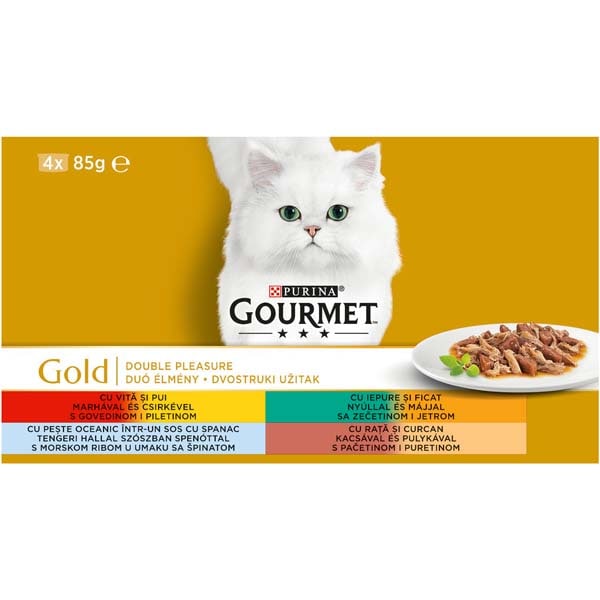 Hrana umeda pentru pisici GOURMET GOLD Double Pleasure, Vita si pui, Rata si curcan, Peste si iepure, 4 x 85 g