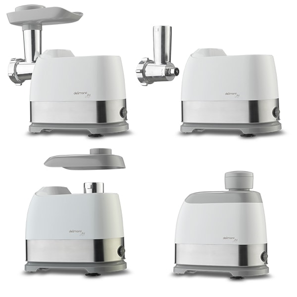 Masina de tocat carne DELIMANO Joy Pro 110073294, 1.5kg/min, 1300W, accesoriu carnati, alb-auriu