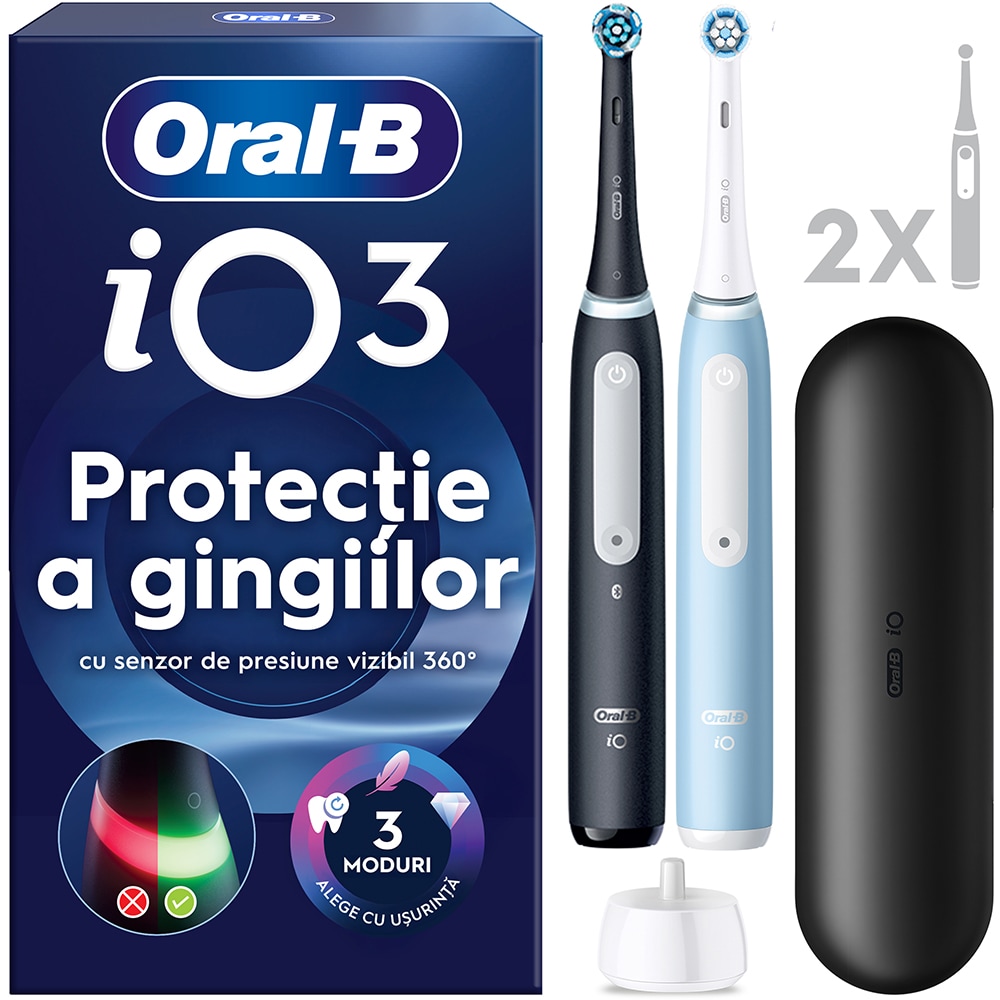 Set 2 Periute de dinti electrice ORAL-B iO3, 8800 miscari/min, Curatare 3D, Timer, 3 programe, 2 capate, negru-albastru