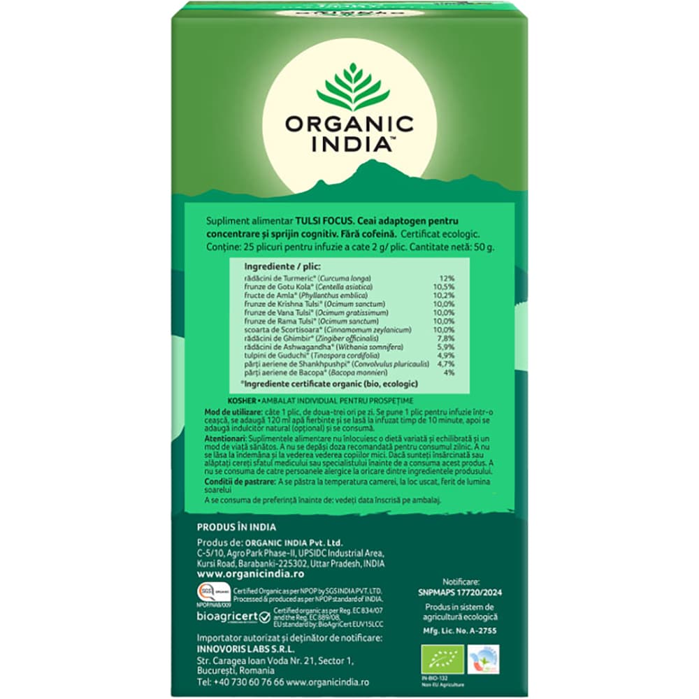 Ceai ORGANIC INDIA Tulsi Focus, 25 plicuri, 50g