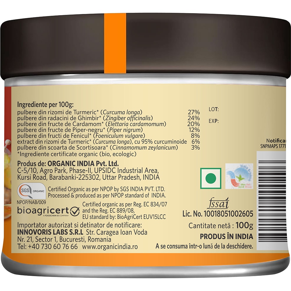 Supliment Pulbere Golden Turmeric Latte Mix, amestec instant cu 6% curcumina organica, 100 g, ORGANIC INDIA