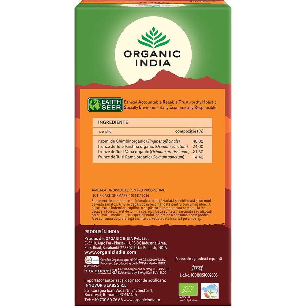 Ceai ORGANIC INDIA BIO adaptogen Tulsi Ghimbir, 25 plicuri, 44g