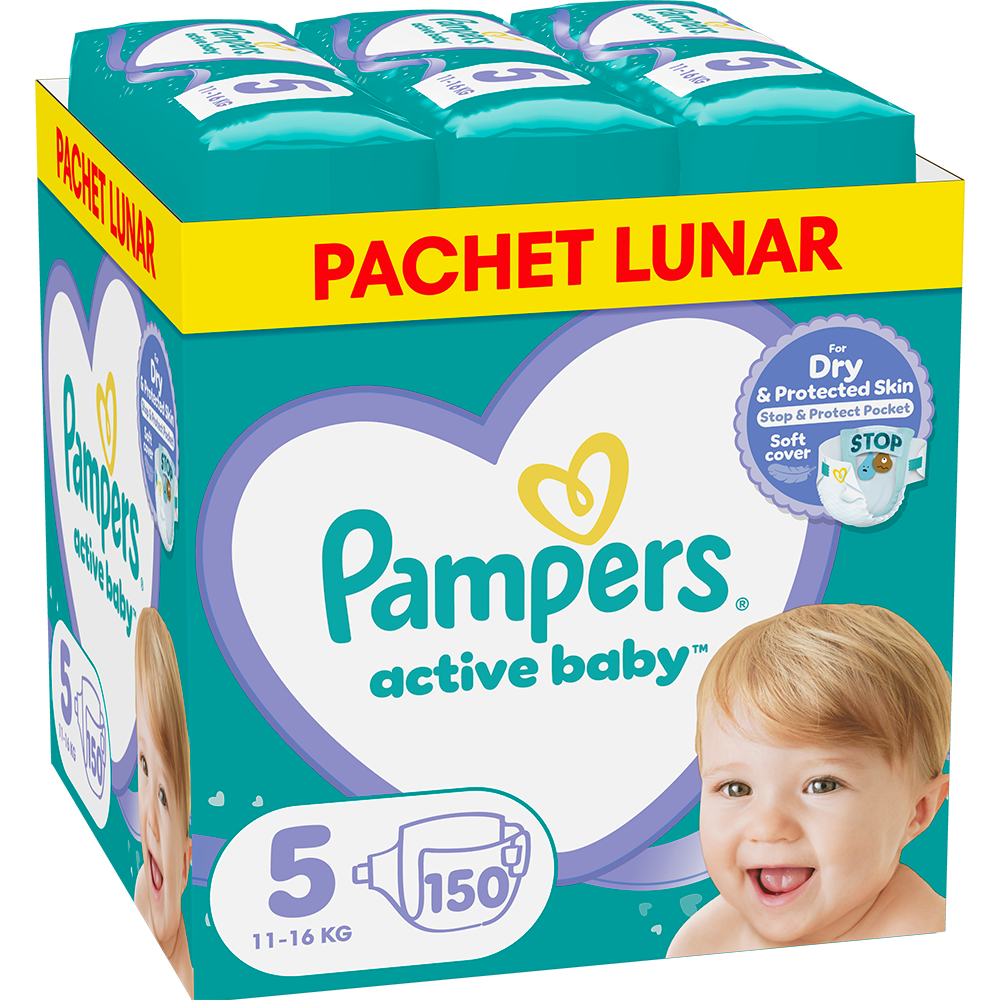 Scutece PAMPERS Active Baby XXL Box nr 5, Unisex, 11-16 kg, 150 buc