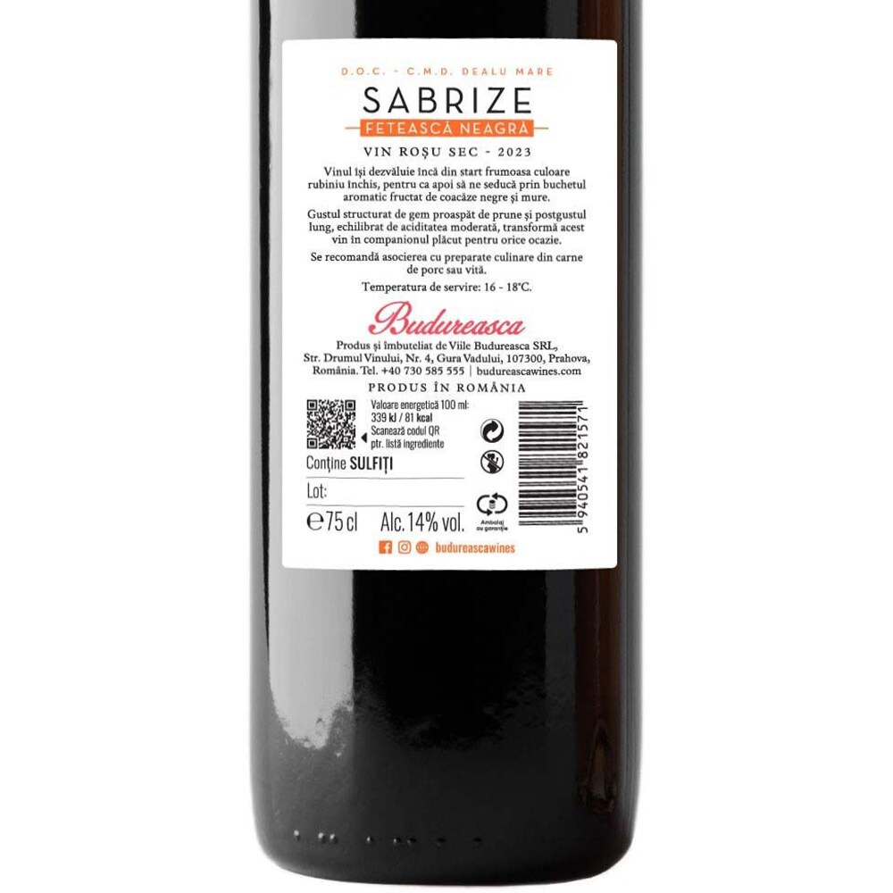 Vin rosu sec Sabrize Feteasca Neagra, 0.75L