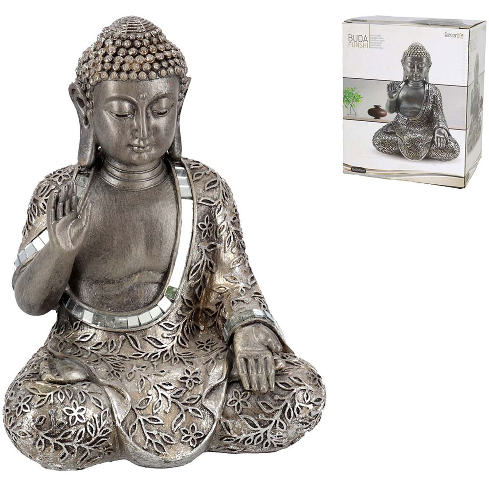 Statueta decorativa Buddha, rasina, 30 x 47 x 63 cm, argintiu