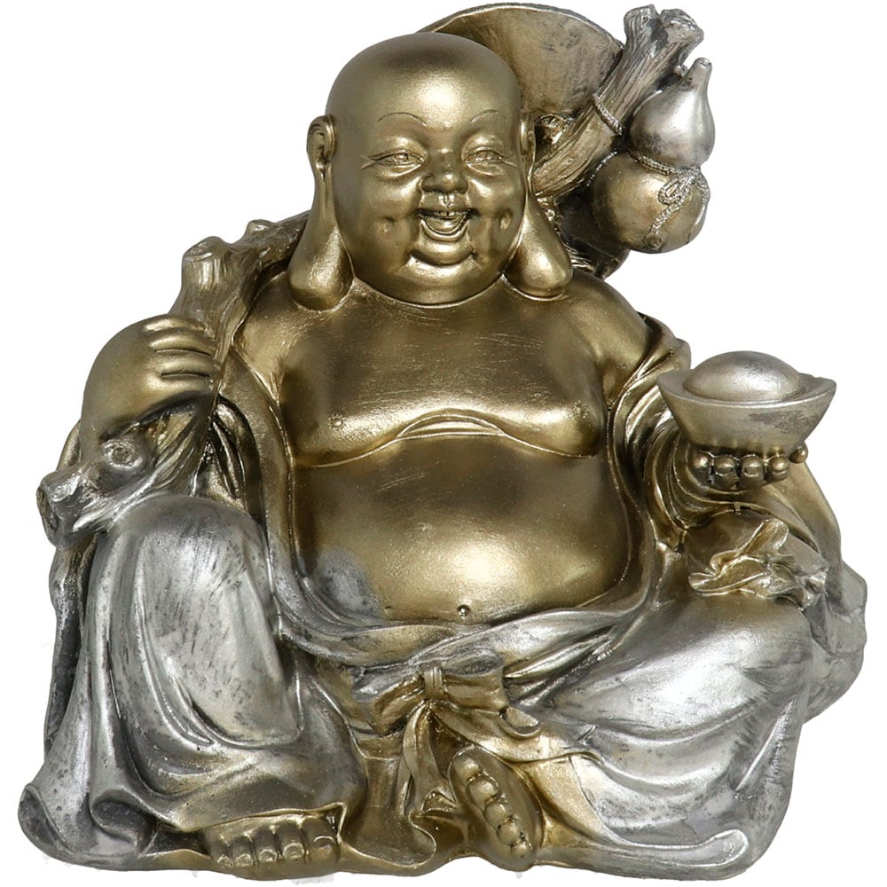 Statueta decorativa Buddha Dharma, rasina, 14 x 20 x 17 cm, argintiu