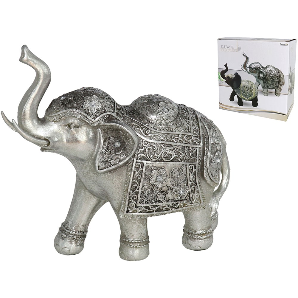 Statueta decorativa Elefant Pluto, rasina, 8 x 19 x 20 cm, argintiu
