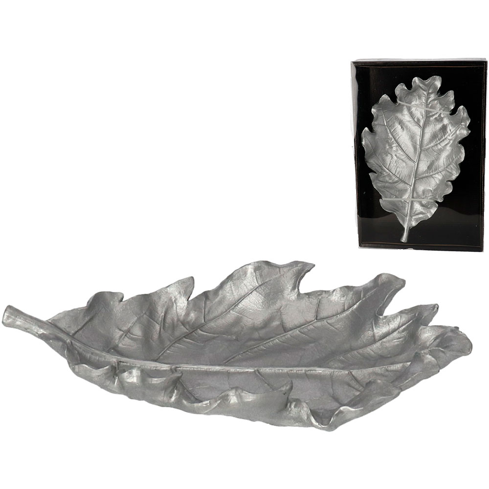 Decoratiune Frunza, rasina, 21 x 34 x 6 cm, argintiu