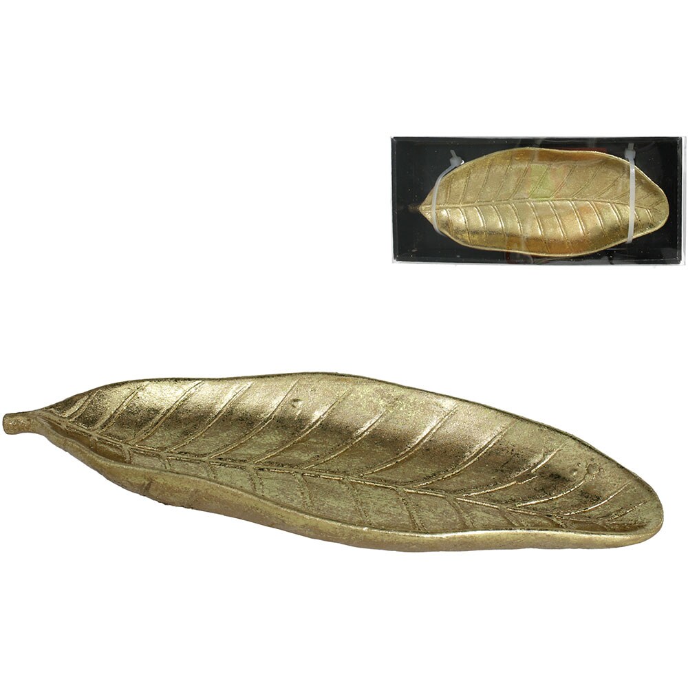 Decoratiune Frunza Indrani, rasina, 9 x 26 x 3 cm, auriu