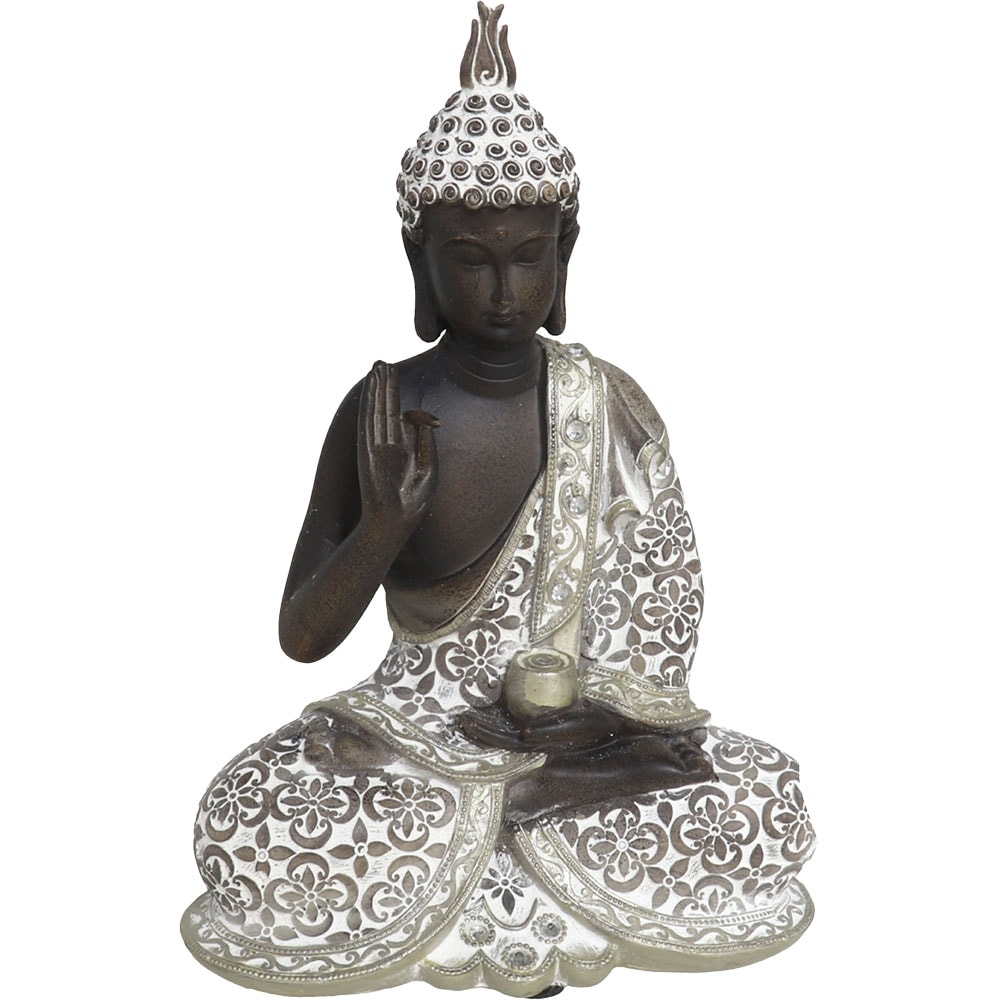 Statueta decorativa Buddha, rasina, 9 x 17 x 24 cm, argintiu