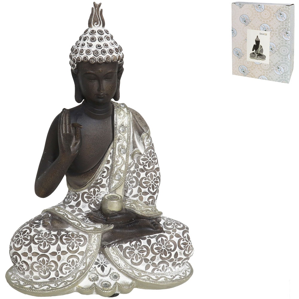 Statueta decorativa Buddha, rasina, 9 x 17 x 24 cm, argintiu