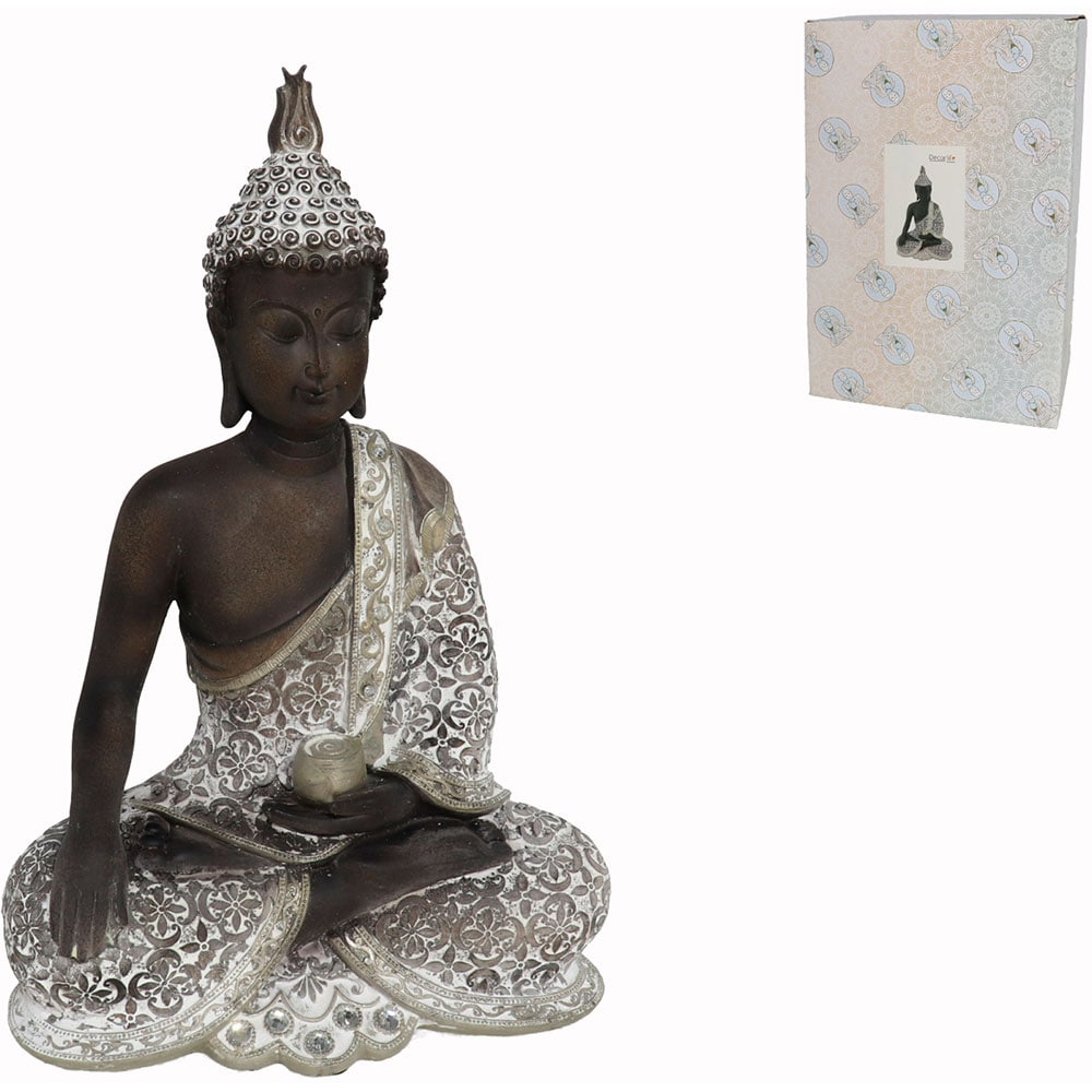 Statueta decorativa Buddha, rasina, 14 x 23 x 35 cm, argintiu