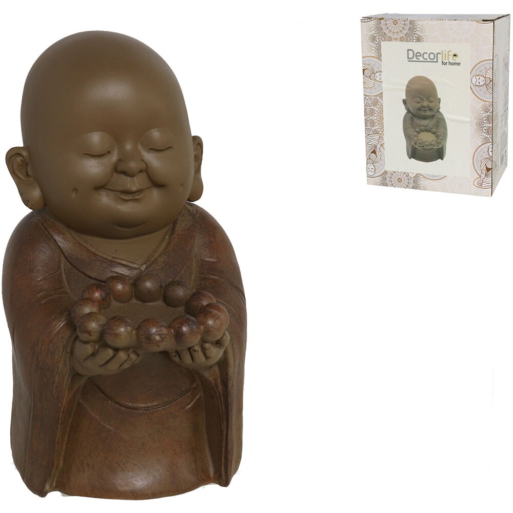 Statueta decorativa Calugar Copil Kesava, rasina, 11 x 14 x 19 cm, maro