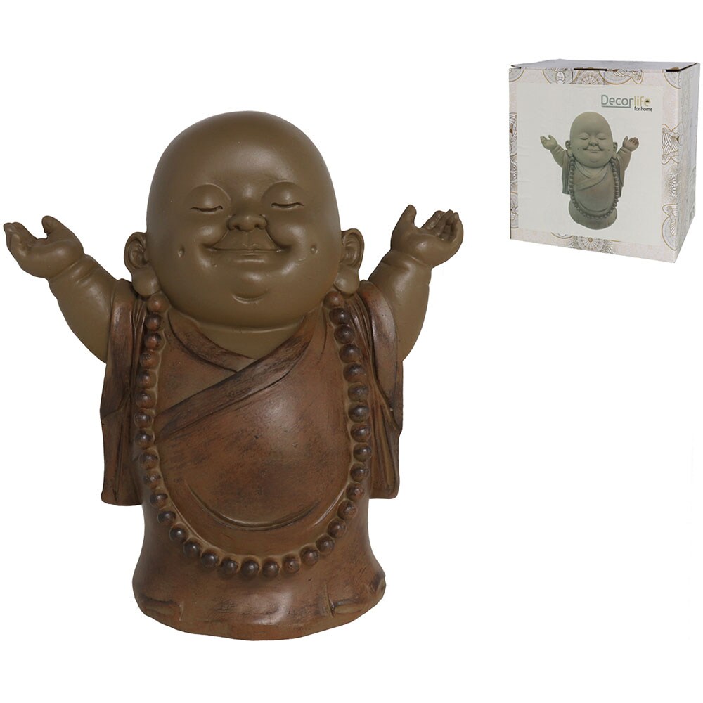 Statueta decorativa Calugar Copil Kesava, rasina, 12 x 18 x 17 cm, maro