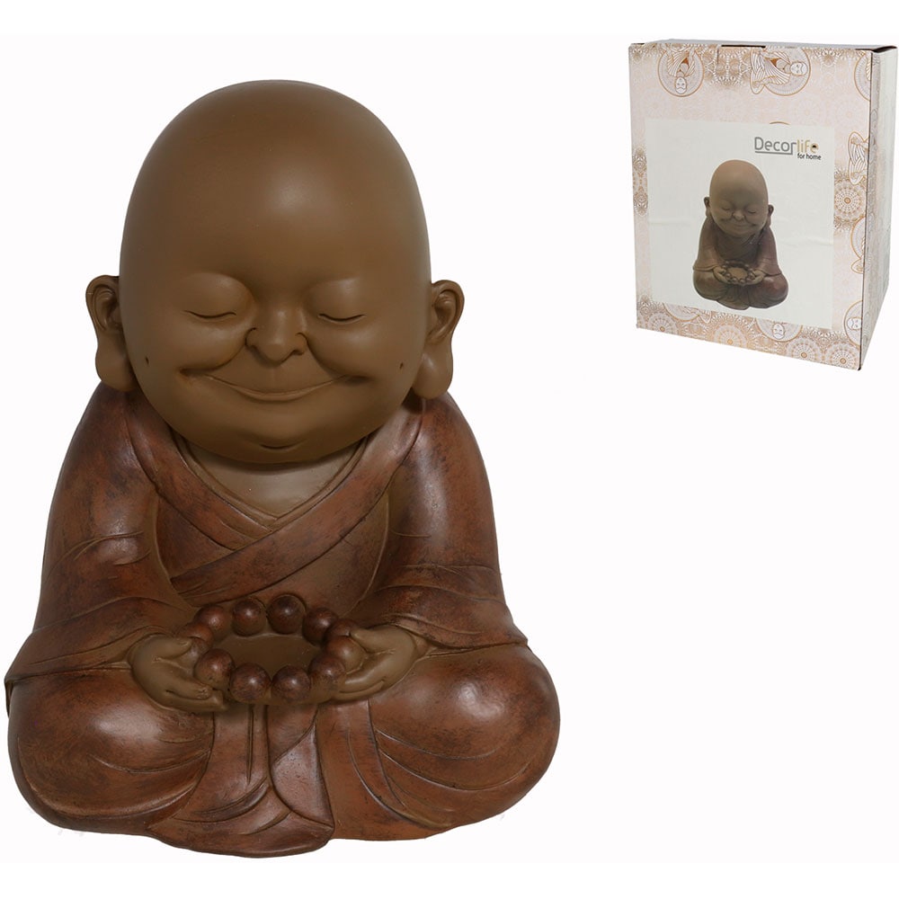 Statueta decorativa Calugar Copil Kesava, rasina, 16 x 19 x 24 cm, maro